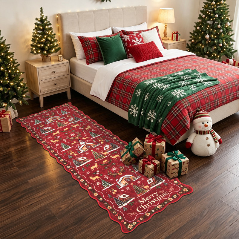 Tapis rouge festif à bordure festonnée Merry Christmas, Rectangle 96 po x 24 po