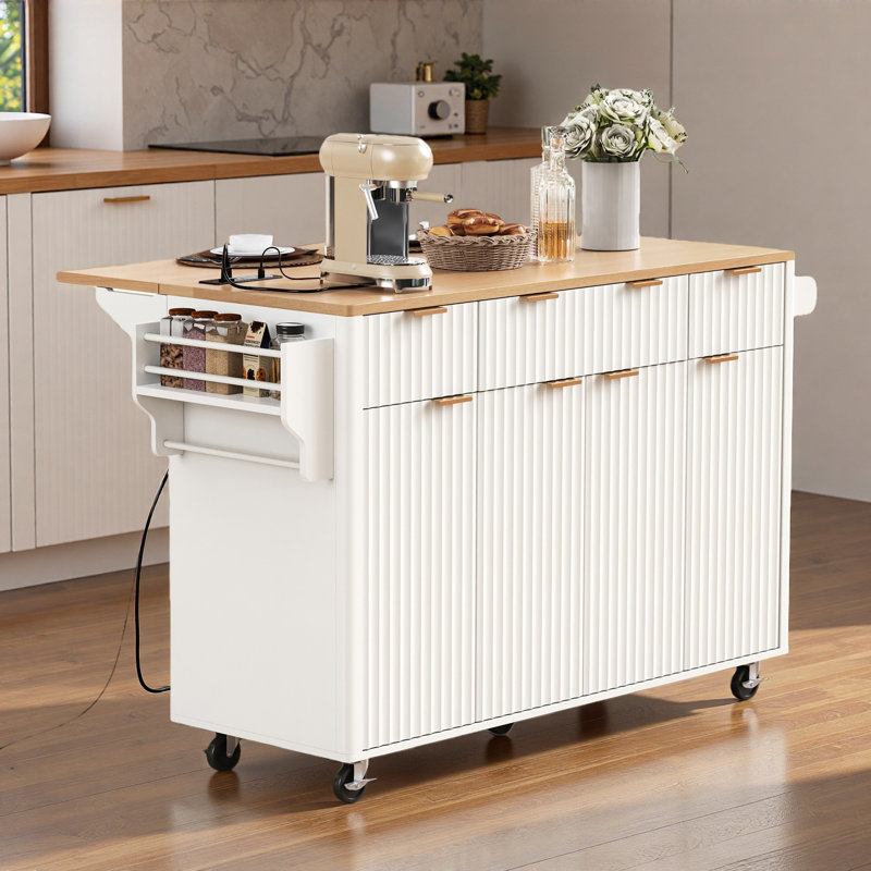 Fluted Kitchen Island With Storage (Not Include Stools)