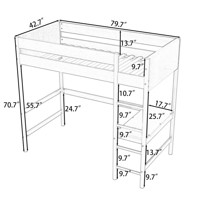 Lit mezzanine simple avec bureau et échelle