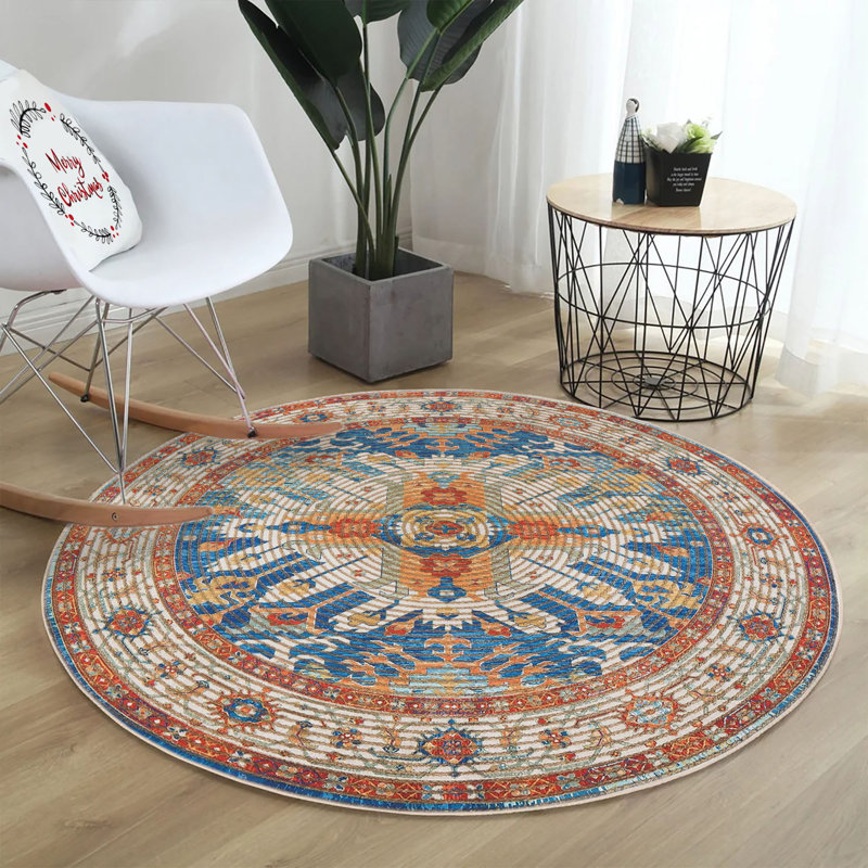 Machine Washable 3D Printed Area Rug, 4.6 x 4.6 Feet | 70% Cotton & 30% Polyester, 5 mm Pile Height | Antibacterial, Durable, Soft & Stylish, Perfect for Living Room & Bedroom, Blue Color, Easy Care