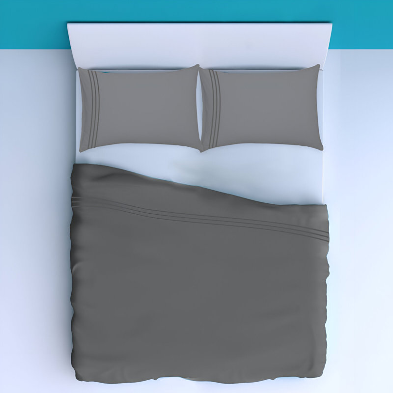 400TC Luxurious Triple Embroidery Sateen Solid Cotton 4 Piece Sheet Set Fitted Sheet Fits Upto 16" Deep Pocket, Dark  Gray