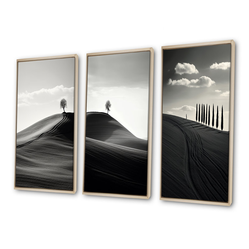 Paysage de désert noir et blanc, H 40 po x l 60 po, Cadre flottant brun
