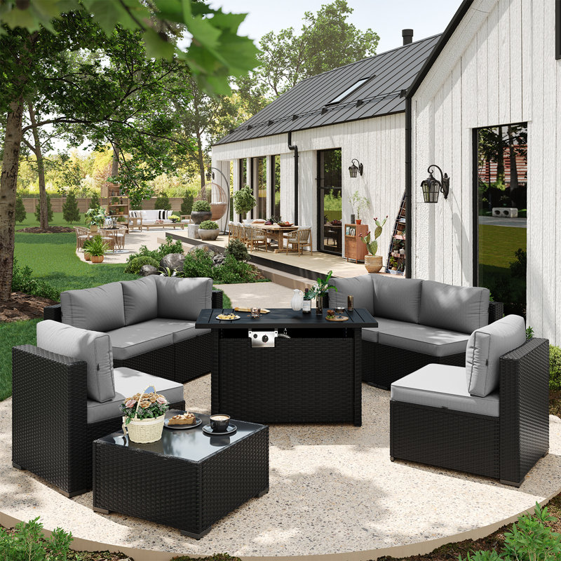 Caradog Wicker 6 - Person Patio Conversation Sets with Cushions, Coffee Table and 44" Fire Pit Table