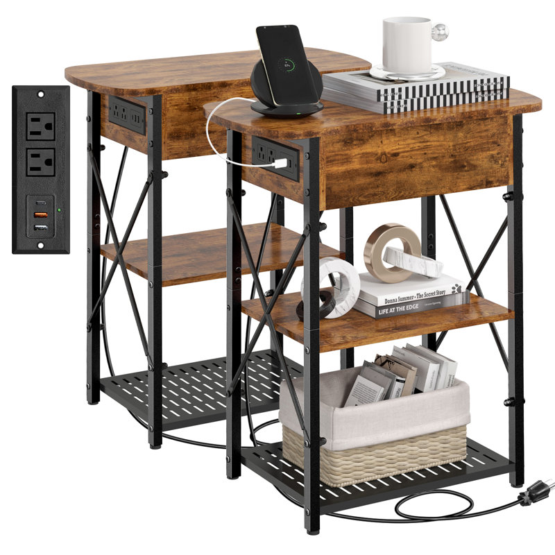 Brown Metal and Wood Flip Top End Tables with Charging Station
