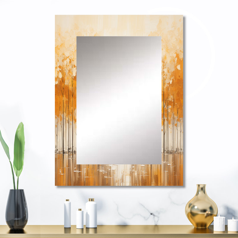 Minimalism Beige And Gold Forest III - Forest Decorative Wall Mirror, Traditional Large Mirror, Printed Metal Art, 32" x 24"