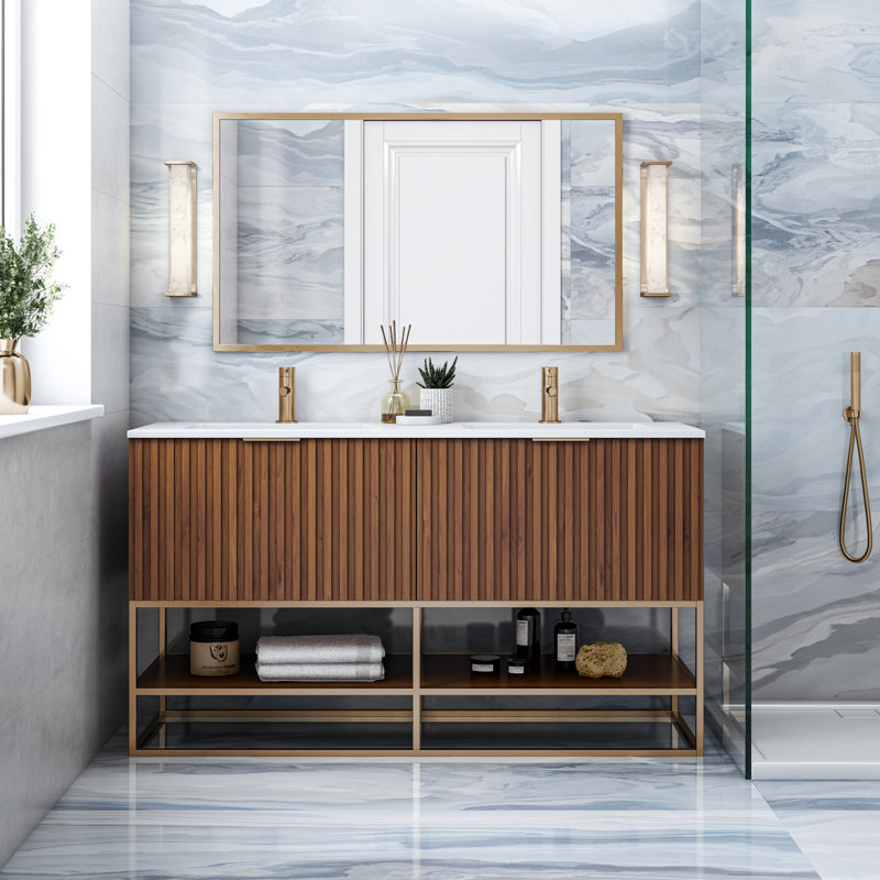 Terra 60'' W Double Vanity, Walnut, White Quartz/Single Faucet Mount, Matte Black