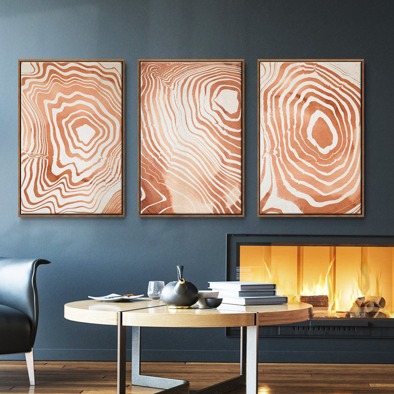 Ensemble de 3 pièces encadrées sur toile Suminagashi I à grain de bois, Noyer, H 40 po x l 78 po