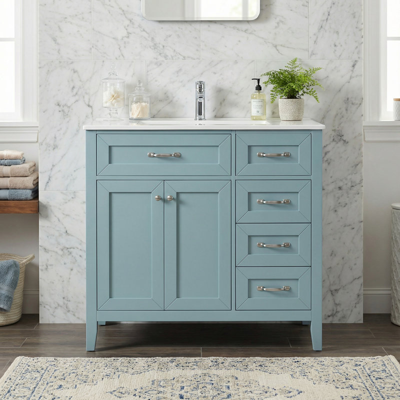 36" Bathroom Vanity with Sink, Cabinet, Drawers, Soft-Close Features and MDF Board, Green/Silver