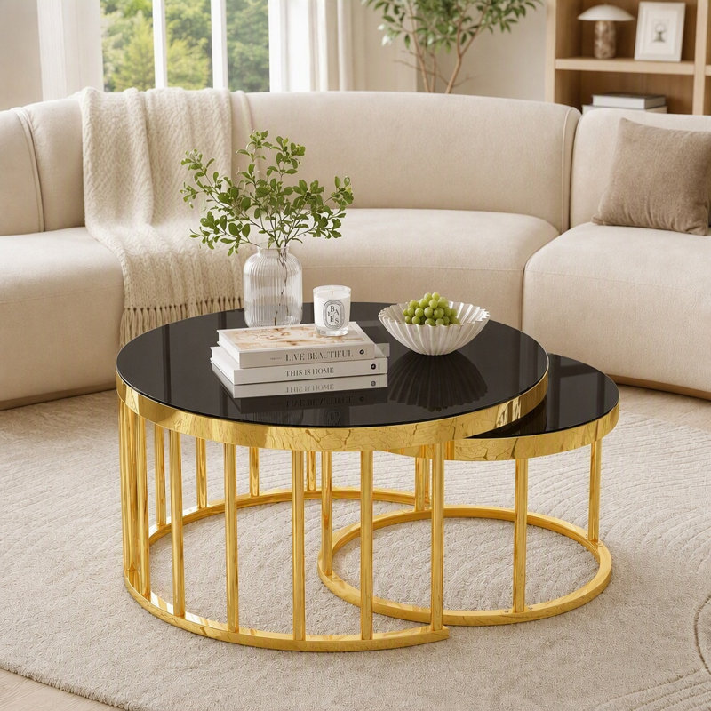 Ensemble de 2 tables basses gigognes, plateau miroir, Noir