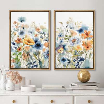 Minimalist Flowers " Watercolor Wild Flower Bouquets Botanical Floral Modern Art Decor Bohemian Colorful Artwork " 2 - Pieces
