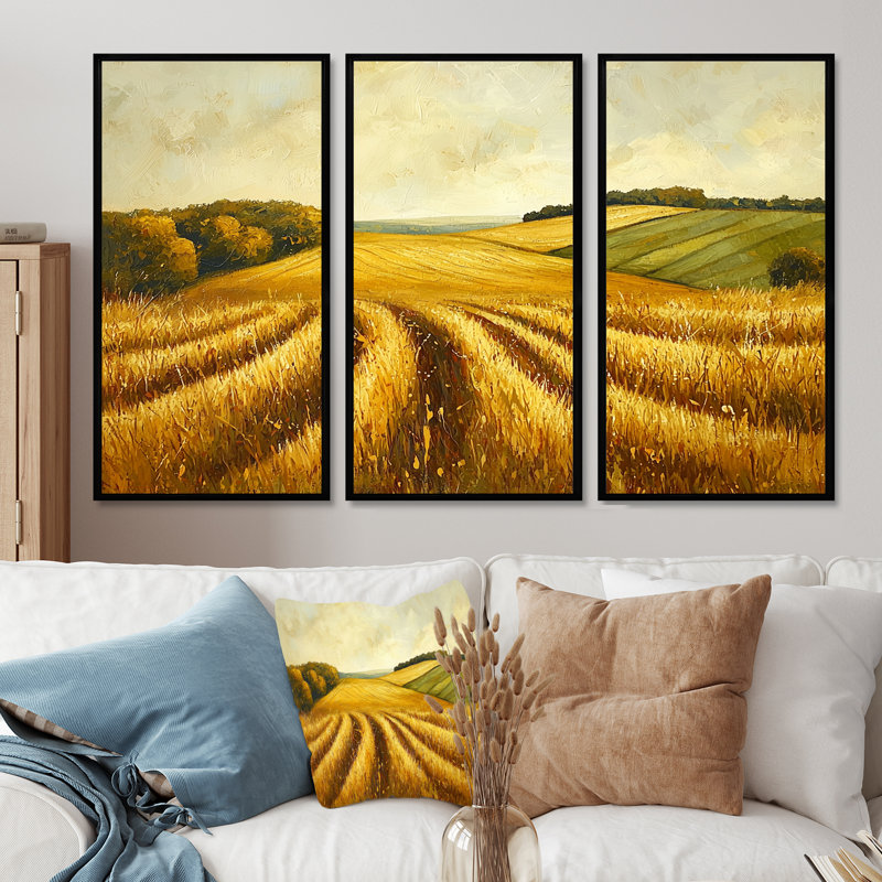 «Countryside Golden Fields In Autumn III», décoration murale campagne - 3 pièces, H 28 po x l 36 po, Noir