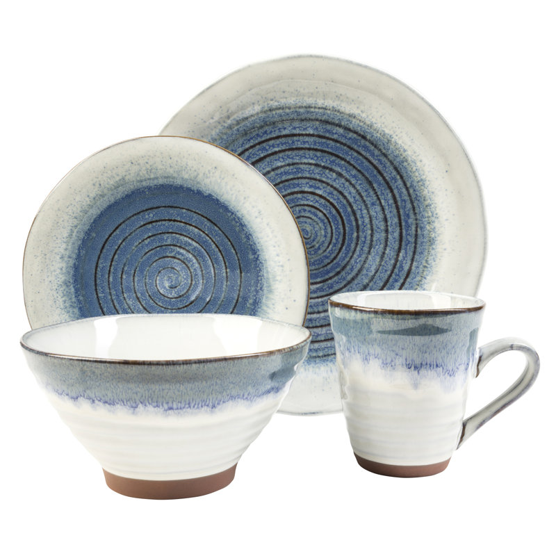 Talia Blue Porcelain Swirl 16-Piece Dinnerware Set, Service for 4