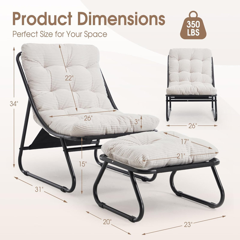 Chaise longue d'extérieur avec repose-pieds et coussins, Velours côtelé blanc