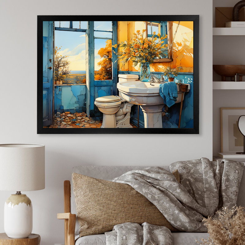 " Bathroom Turquoise Painting I ", 30" H x 40" W x 1.5" D, Black Picture Framed