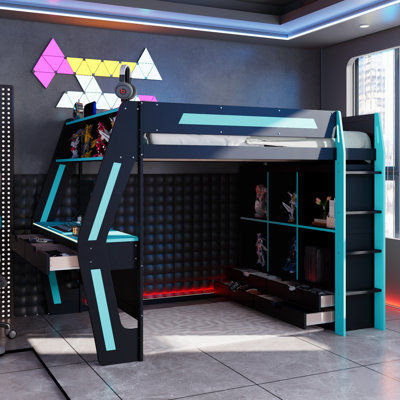 Lit mezzanine double avec bureau intégré, DEL RVB, ports USB et rangement