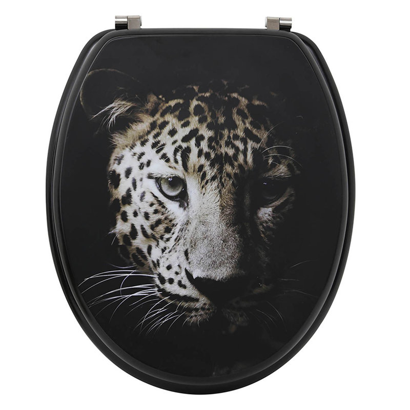 18-Inch Black Elongated Toilet Seat with Leopard Print