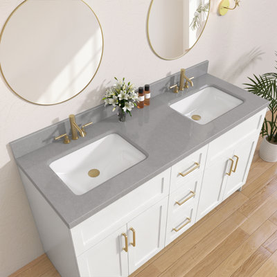 60 in. Double Sink Bathroom Vanity Top, Engineered Stone Countertop with 2 Integrated Sinks, Gray Marble Speckled Look Vanity Top with 4 in. Centerset Faucet Holes, 4 in. Backsplash Included