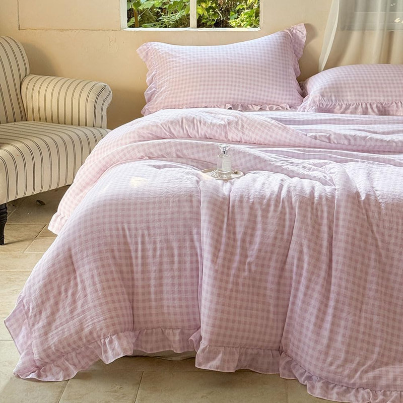 Ensemble d'édredon à volants en microfibre Gingham, Très grand lit, Vichy rose