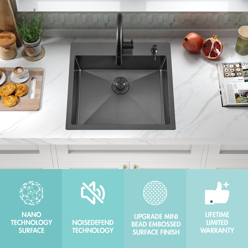 Attop Handmade Nano Black Stainless Steel Scratch-resistant 25 Inch Single Bowl Drop-in Kitchen Sink With Strainer