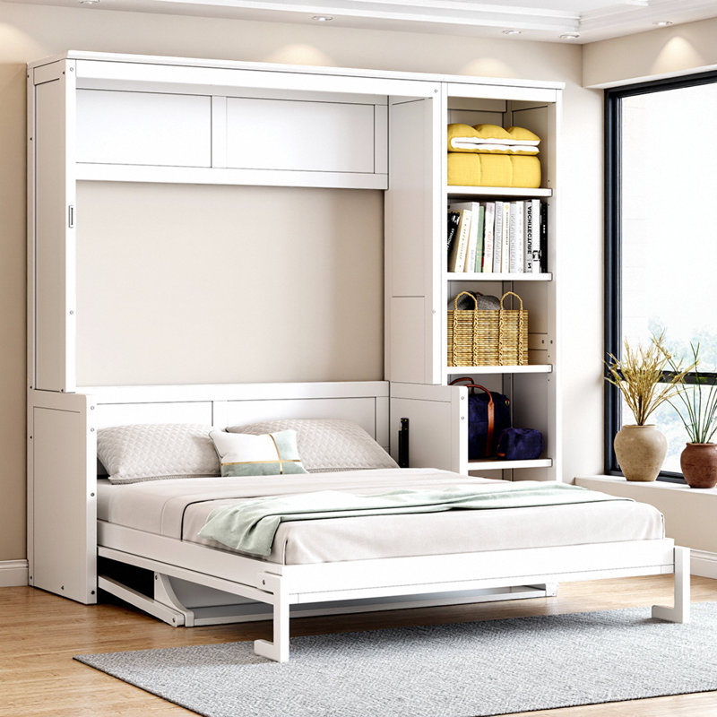 Lit escamotable double avec bureau et bibliothèque, blanc, Blanc