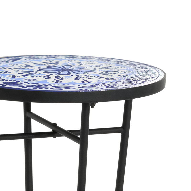Table d'appoint de patio avec plateau en céramique résistant aux intempéries - couleur bleu + noir, pieds stables pour un aspect patiné inégal et élégant