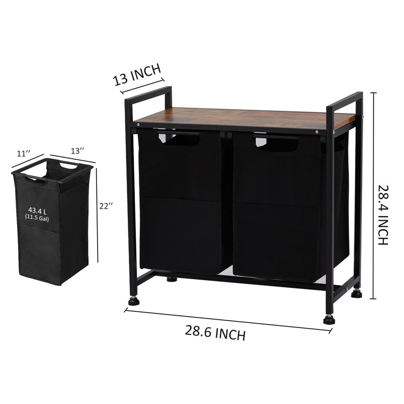 28 inch Black 2 Removable Pull-Out Oxford Fabric Baskets Large Capacity Laundry Hamper Organizer with Adjustable Shelf