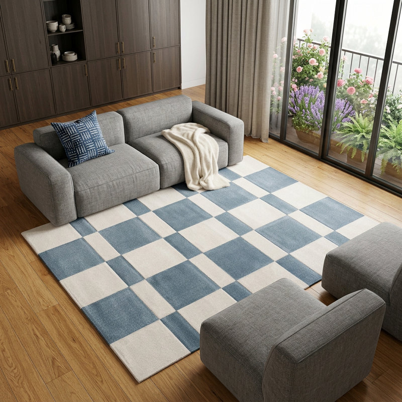Tapis bleu et blanc 8 pi x 11 pi