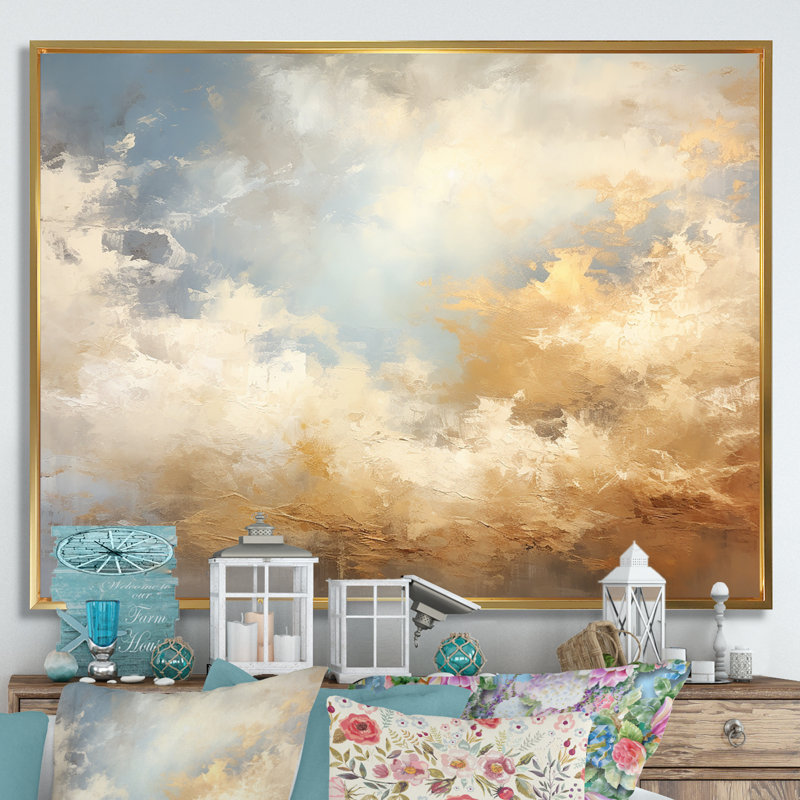 Beige doré minimalisme nuages V - nuages mur art salon, Cadre flottant doré, H 34 po x l 44 po x P 1,5 po