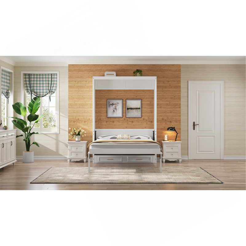 Lit escamotable double avec 2 tiroirs, beige
