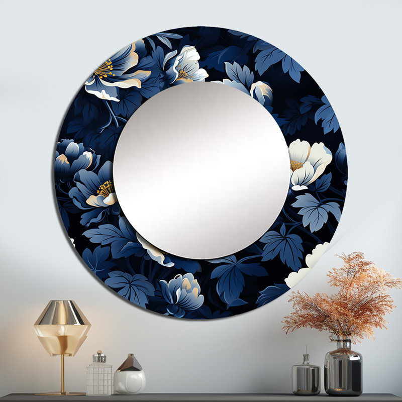 Shakaya Nightfall, motif floral bleu foncé et blanc - grand miroir mural floral, miroir rond bleu unique, impression sur métal