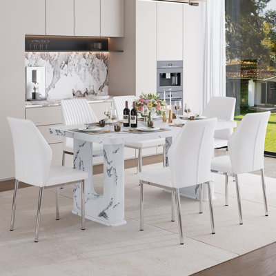 64.5" Modern Faux Marble Dining Table Set With Glass Decor