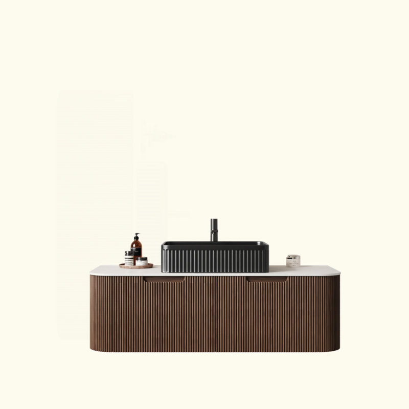 Meuble-lavabo 48 po avec lavabo, meuble de rangement mural à bords arrondis avec 2 tiroirs, lavabo rectangulaire en céramique noir, sans robinet, pré-assemblé