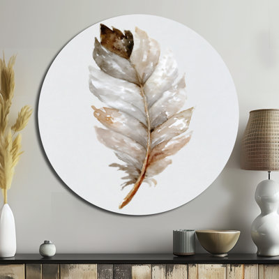 Plume brune à l'aquarelle brune - art mural floral rond en métal