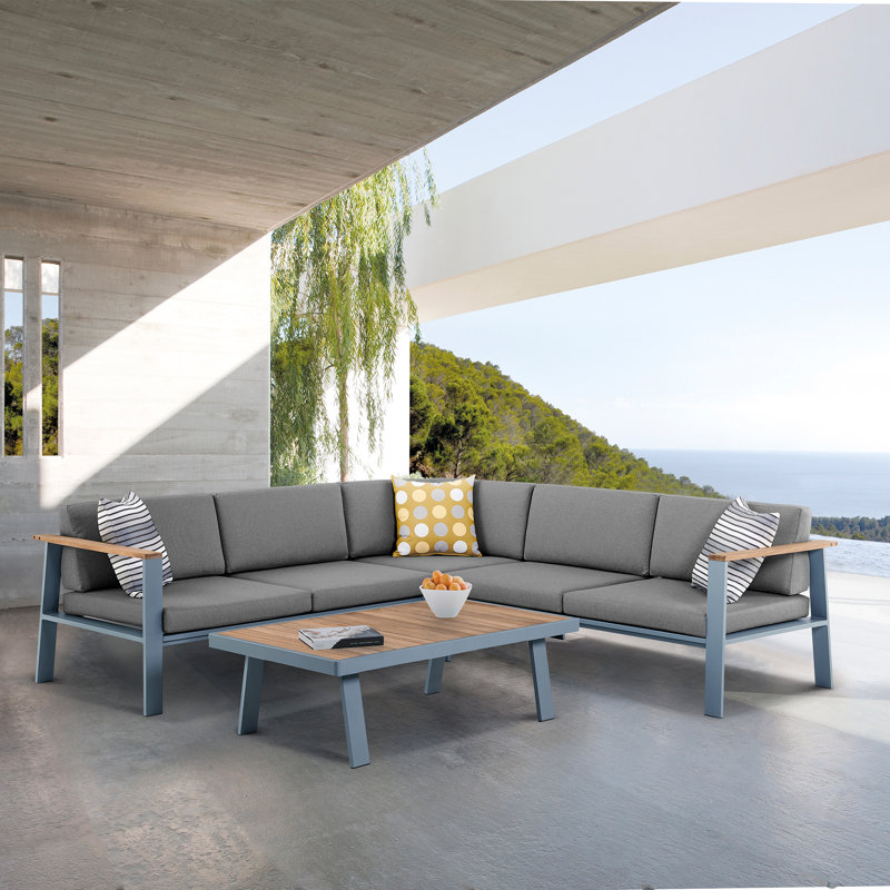 Gray Aluminum and Teak Wood Outdoor Coffee Table