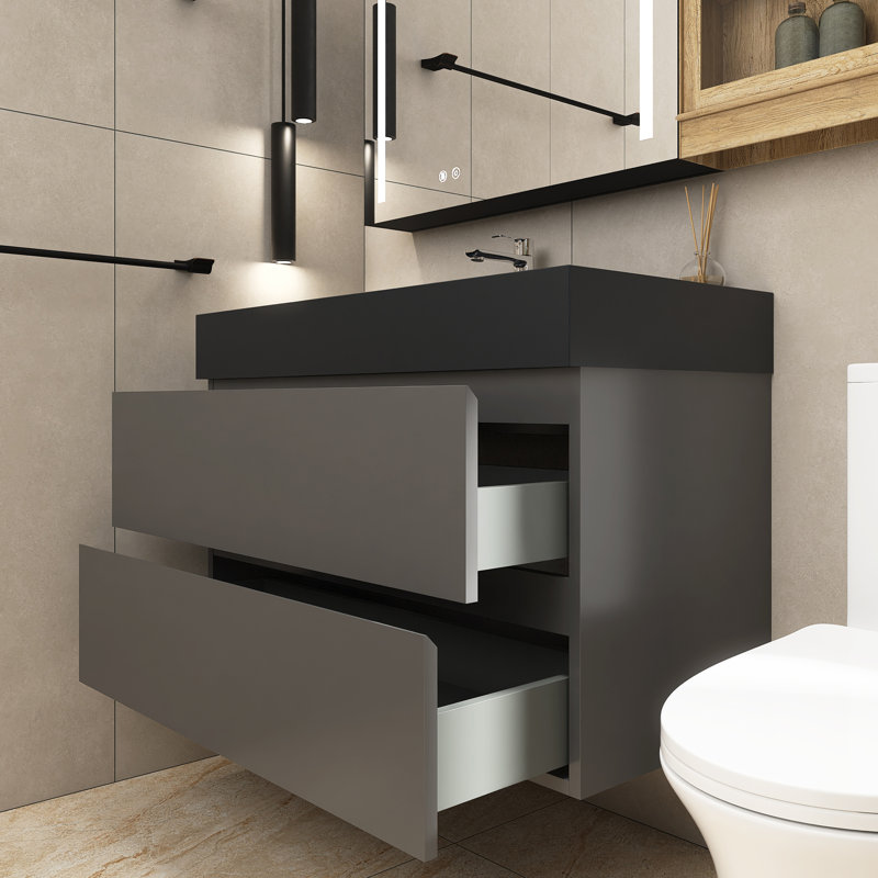 Sibin 35.8'' Single Bathroom Vanity with Solid Surface Top, Matte Black, Gray