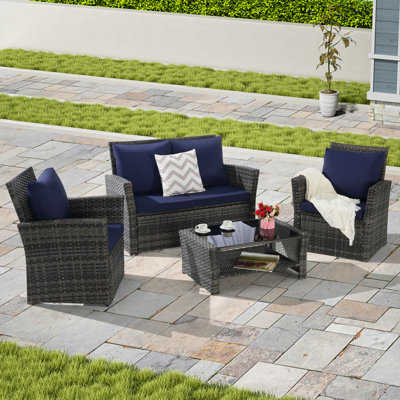 4 Pieces Outdoor Patio Furniture Sets With Tempered Glass Coffee Table
