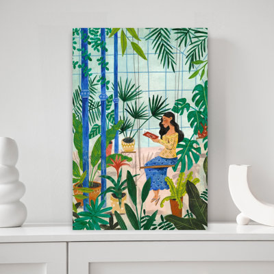 Reading In The Plant Greenhouse Abstract Flower Plant Wall Art Print 1 Piece Wrapped Canvas Wall Art