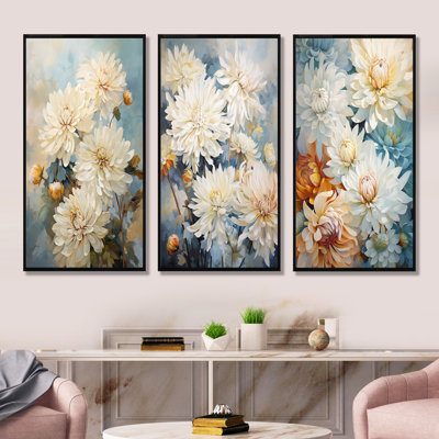 «Beige Mums In Bouquet Bliss» - ensemble de salon mural 3 mamans