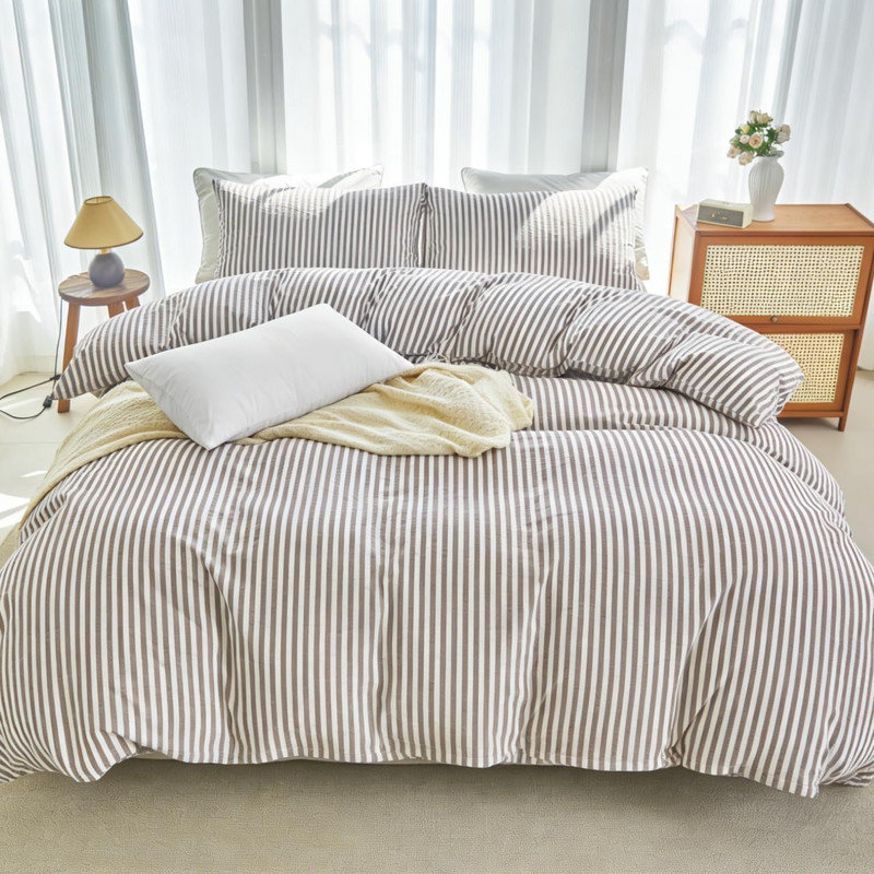 100% Washed Cotton Striped Duvet Cover Set Linen Like Comforter Set, King  Duvet Cover + 2 Shams, Light Brown/White