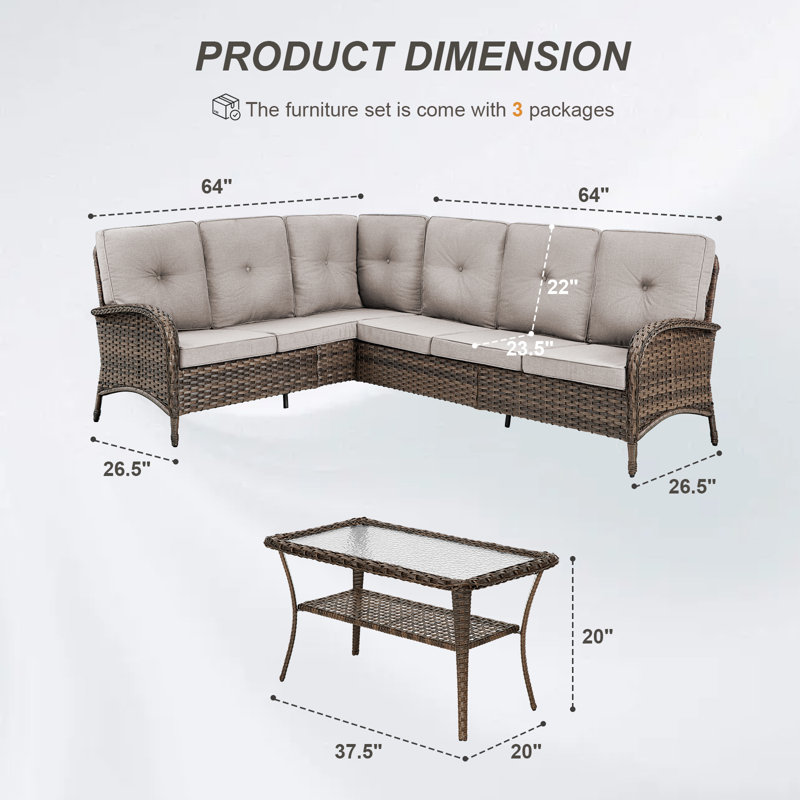 Valierius L-Shaped Outdoor Sectional Sofa And Coffee Table Set, PE Wicker Couch With Water-Resistant Olefin Cushions