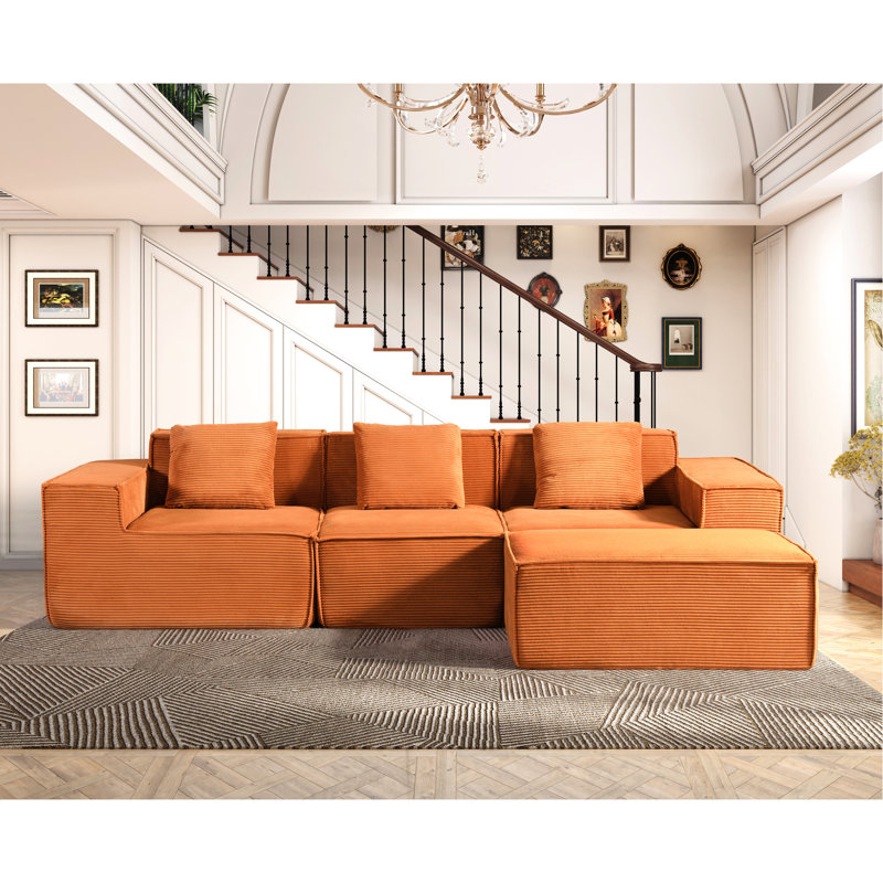 Canapé modulaire rouge et orange en velours côtelé modulaire en forme de L spacieux et multifonctionnel pour salles de jeux