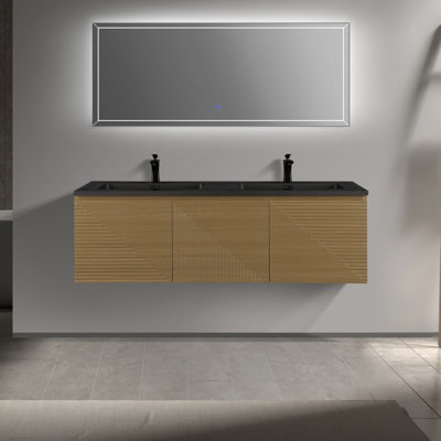 Arsenovic 60 po L x 21 po P 2 portes et 2 tiroirs Meuble-lavabo mural avec évier double et Comptoir en Quartz noir d'ingénierie