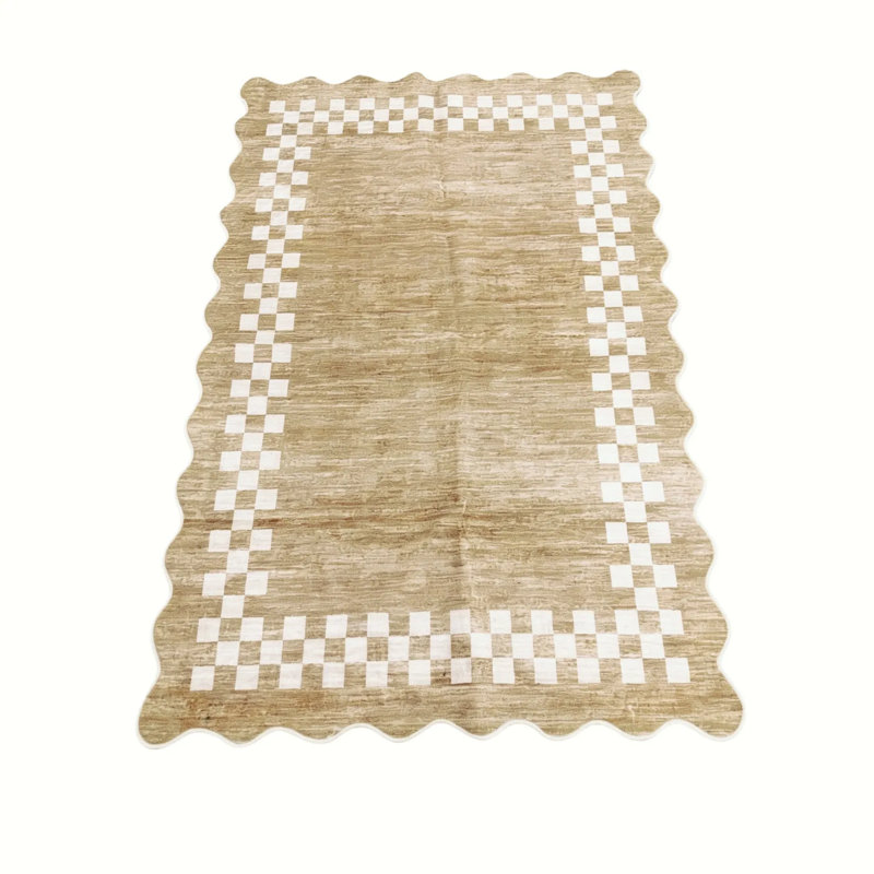 Scalloped Area Rugs Modern Bordered Accent Carpet,Non-Slip Floor Cover,Stain-Resistant Indoor Mat for Bedroom,Kitchen,Living Room