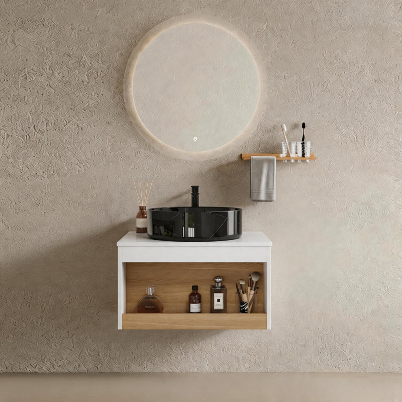  Meuble-lavabo flottant 24 po, vasque en marbre noir veine, base en chêne clair, L 24 po