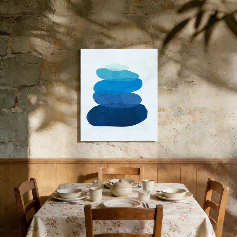 "Blue Minimalist Stone Stack", reproduction d'art sur toile avec cadre en bois à l'arrière, 36 "x 24"