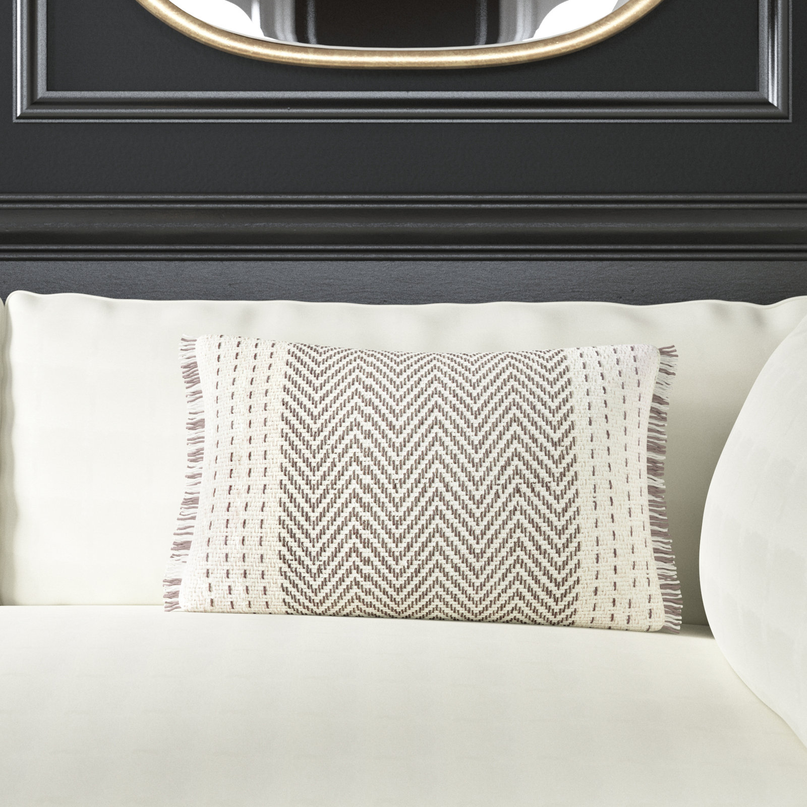 Carey Fringed Cotton Lumbar Pillow Cover, Gray/Ivory