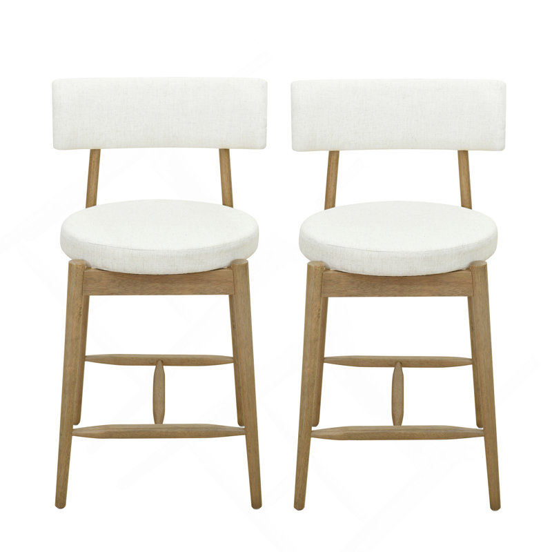 Ensemble de 2 tabourets de comptoir Mid Century, Tissu blanc, Brun