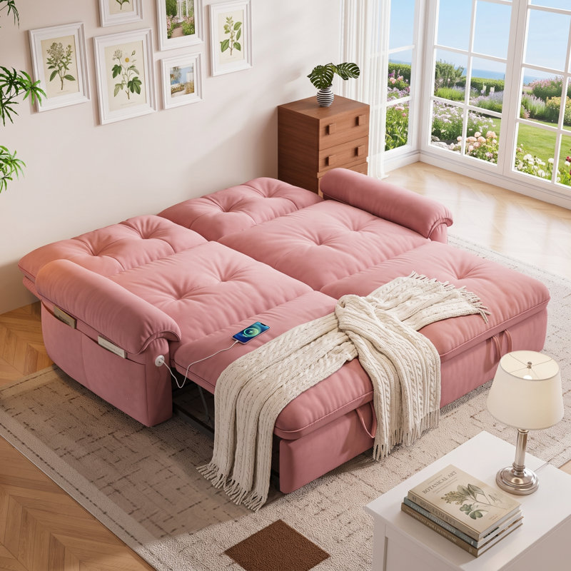 Canapé-lit convertible de 77 pouces avec ports de charge USB, canapé-lit escamotable 2 en 1 pour petits espaces, Pink