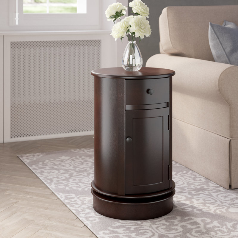 Regan Solid Wood Swivel Drum End Table with Storage, Dark Cherry
