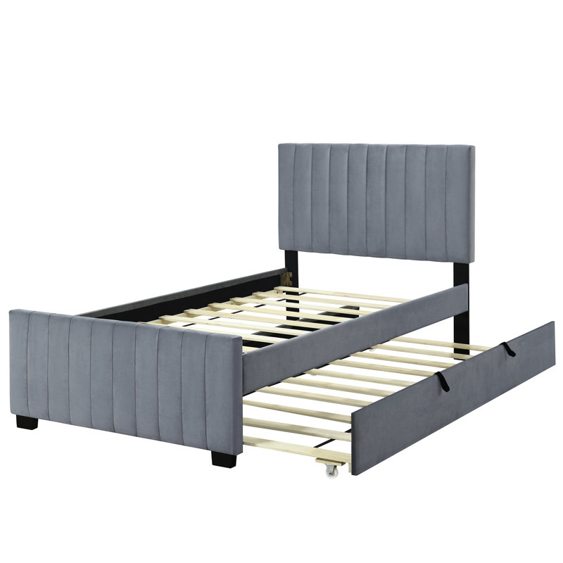 Grand lit tapissier en velours avec lit gigogne - Idéal pour une bonne nuit de sommeil et une décoration confortable, Gris
